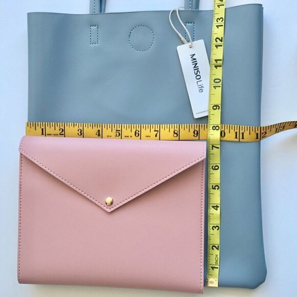 MINISO Shoulder Bag Blue Tote/Pink Portfolio Organizer Vegan Leather, Pen - Picture 14 of 16